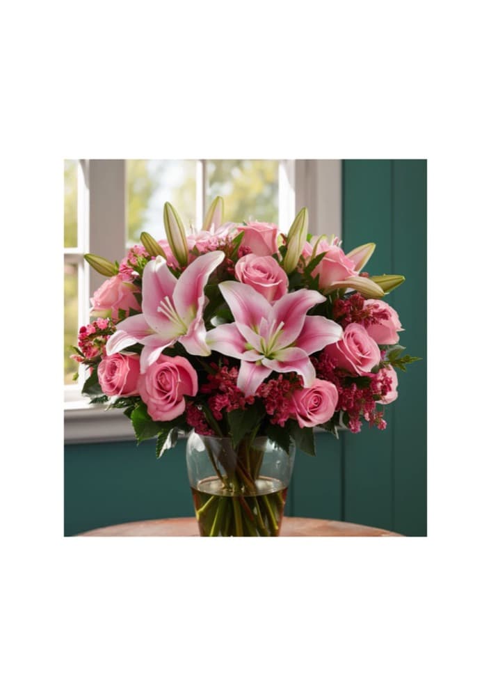 Rosa Rosen mit rosa Lilien — Rosa Romanze, handgebundener Strauß von Blumen im Westend in Frankfurt
