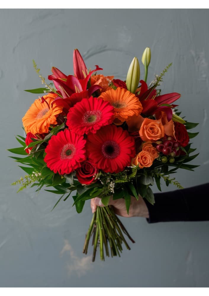 Rot-orangener Strauß mit Gerbera, Rosen und Lilien — Sonnenglut, handgebundener Strauß von Blumen im Westend in Frankfurt